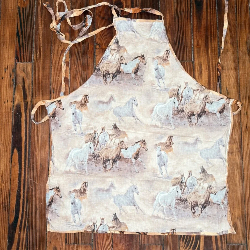 Handmade Wild Horse Print Bib Apron Western Equestrian Farmhouse Tan Brown